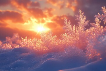 Sunset glowing behind snow-covered trees.
