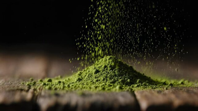 A close-up shot showcasing green powder falling onto a wooden surface against a dark background
