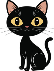 Adorable black cat illustration with yellow eyes on transparent background silhouette