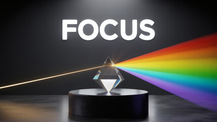 Large crystal prism on a dark stage refracting a light ray into a colorful rainbow spectrum with the glowing word focus above a career clarity concept