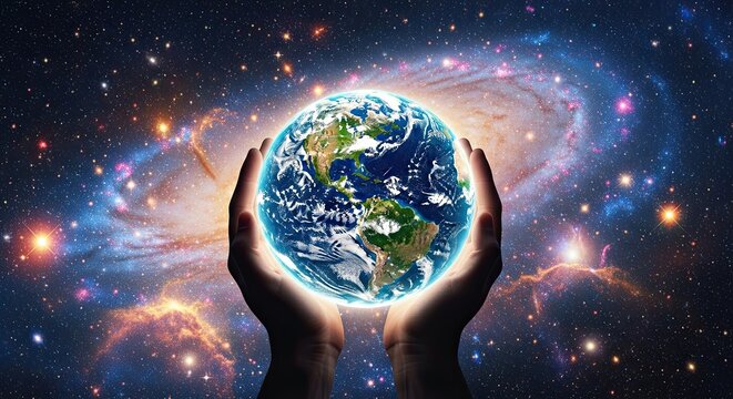 Human Hands Holding Planet Earth Against Cosmic Galaxy Backdrop - Powered by Adobe