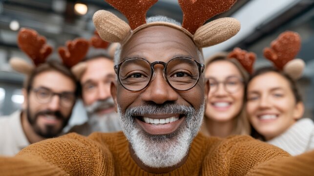Friends take a joyful selfie wearing reindeer antlers during a business Christmas gathering in the office