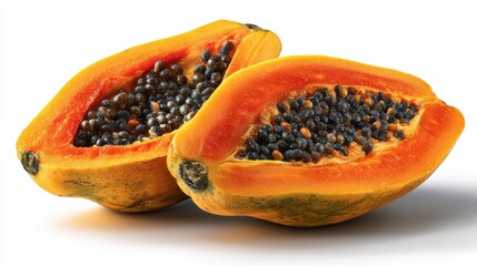 fresh papaya showing seeds and vibrant orange flesh on white background