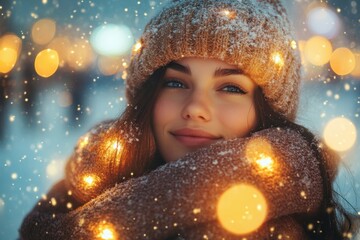 Woman in winter hat and scarf surrounded by twinkling lights.