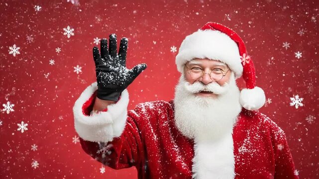 Santa claus waving hello with snowflakes falling against a red background