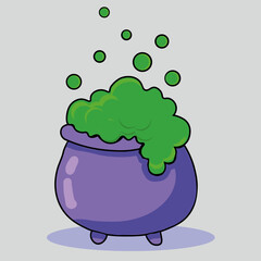 This is a cartoon-style illustration of a purple cauldron bubbling over with a green, foamy magical potion. The cauldron has a round body with three small legs and is emitting green bubbles .