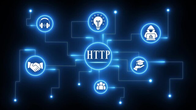 HTP Network Diagram with Icons and Glowing Lines HTTP hypertext transfer protocol