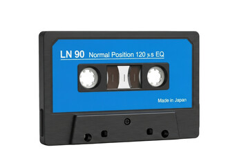Obraz premium Black retro audio cassette tape with vibrant blue label showing brown reels and 