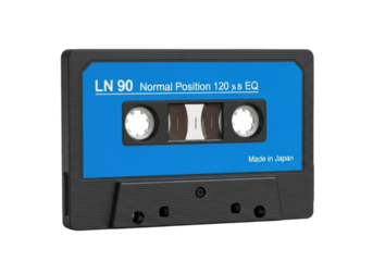Black retro audio cassette tape with vibrant blue label showing brown reels and "LN 90" text, centrally placed on a transparent background, no shadows, nostalgic vintage audio product shot