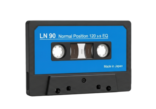 Black retro audio cassette tape with vibrant blue label showing brown reels and "LN 90" text, centrally placed on a transparent background, no shadows, nostalgic vintage audio product shot