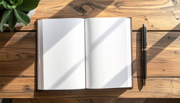 Top view of an open blank notebook with a pen on a sunlit rustic wooden desk, representing a fresh start and creativity