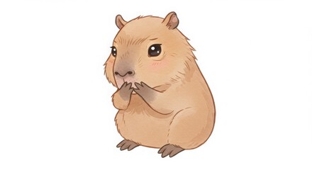 Fototapeta premium a cute cartoon capybara biting nails looking nervous pastel kawaii in watercolor style isolated on white background