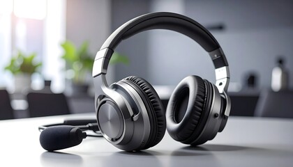 Gray over-ear headphones rest on a table,  a microphone cable extends.  Modern office setting in the background