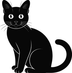 A sleek black cat sitting with yellow eyes on transparent background silhouette