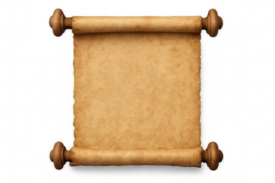 Old blank parchment scroll with wooden handles, aged paper texture for medieval or antique concepts, transparent background