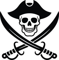 Black pirate skull and crossed swords emblem on transparent background silhouette