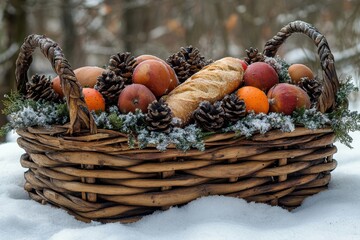 Basket of fruit and bread in the snow.