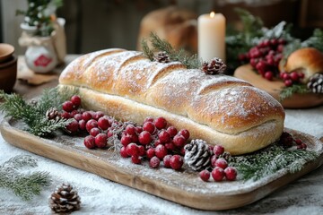 Fresh cran and walnut loaf of bread on wooden board.