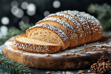 Loaf of bread dusted with powdered sugar on wooden board.