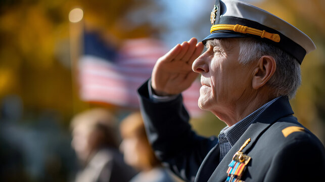 Elderly veteran in dress uniform saluting at memorial ceremony American flag waving in background patriotic tribute remembrance day military honor service recognition veteran