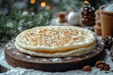 Pizza on wooden board, pine tree backdrop.