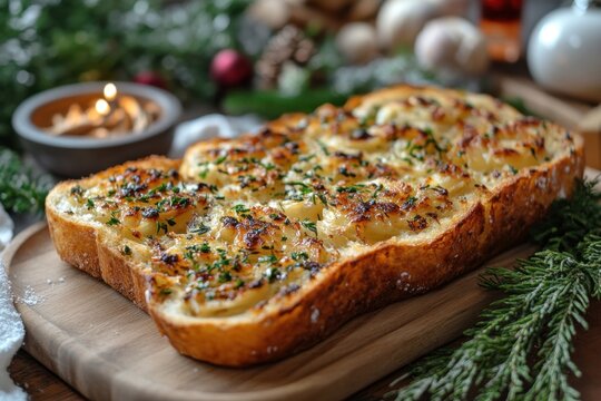 Piece of bread on wooden board.