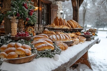 Table covered with assorted bread and pastries.