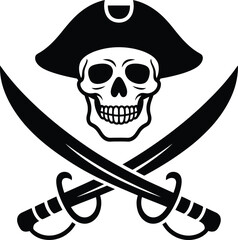 Black pirate skull and crossed swords graphic design on transparent background silhouette