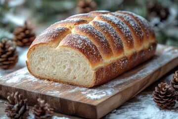 Loaf of bread on wooden board with pine cones and cones.