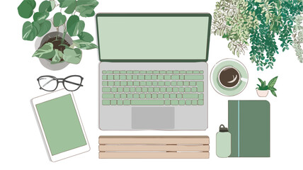 Modern Flat Lay Workspace with Laptop, Tablet, Notebook, Coffee, and Plant