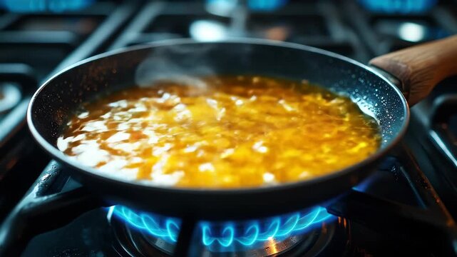 Vibrant orange liquid simmering in a black frying pan over glowing blue gas flames