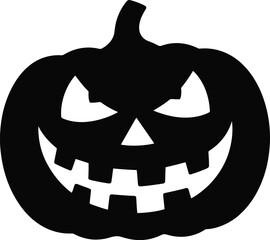 Black halloween pumpkin carving with a spooky face on transparent background silhouette