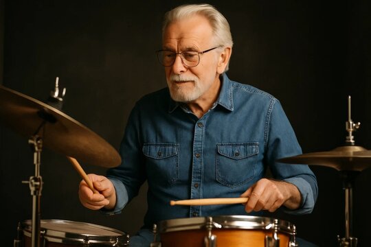 Senior man in denim shirt playing drums with concentration in a studio.