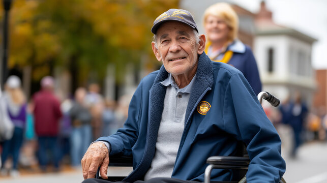 Elderly serviceman in wheelchair at parade disabled veteran military service pride parade participation community honor veteran recognition public tribute patriotic