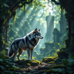 Majestic gray wolf stands guard in ancient mossy jungle ruins under dappled sunlight rays.