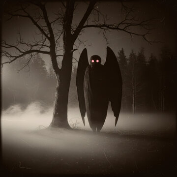 Mythological Mothman Creature Standing in Eerie, Foggy Forest at Night