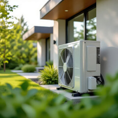 Modern air-water exterior heat pump unit mounted against sleek contemporary house in vibrant green garden.