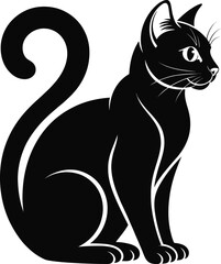 Elegant black cat illustration with curled tail on transparent background silhouette