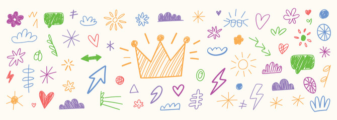 A vibrant and whimsical collection of hand-drawn doodles surrounds a golden crown, forming a cheerful, childlike pattern on a light background.