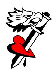 Eagle head and dagger in heart, vintage tattoo flash art