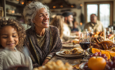 Happy multi-generational family enjoying Thanksgiving dinner sharing a meal together celebrating the holiday around a festive tab