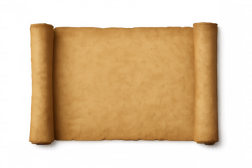 Vintage parchment scroll with aged blank paper texture unrolling, representing ancient history and wisdom on transparent background