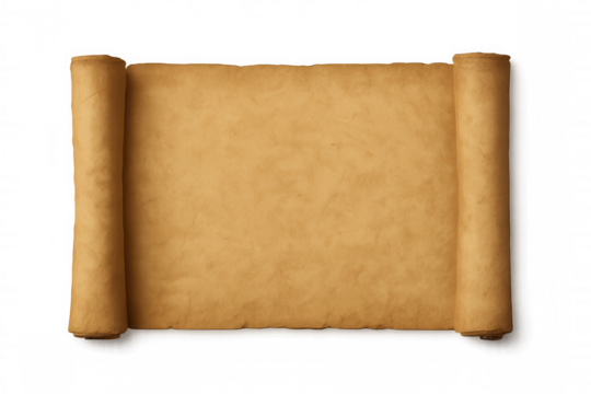 Vintage parchment scroll with aged blank paper texture unrolling, representing ancient history and wisdom on transparent background