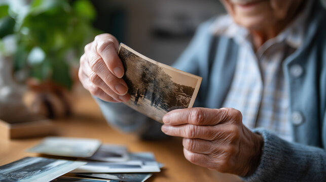 Elderly veteran looking at old military photographs nostalgia moment memory reflection service reminiscence historical photos military history personal archives veteran memo