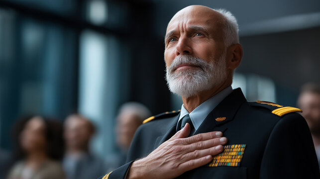 Veteran standing at attention during national anthem hand over heart patriotic respect ceremonial moment national pride military discipline solemn reverence flag ceremony - Powered by Adobe
