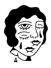 Triple eye crying portrait, edgy vintage occult drawing