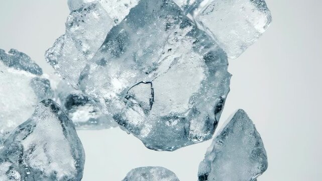 Several clear ice cubes float in a soft focus arrangement against a light, neutral background