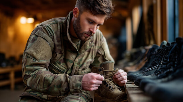 Service member polishing boots in barracks military routine daily duties uniform maintenance barracks life military discipline personal preparation service standards with