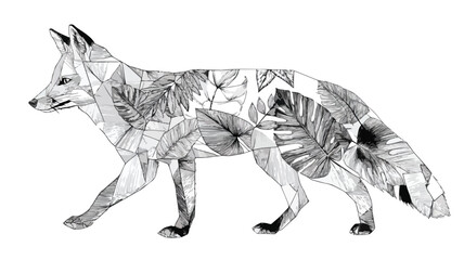 Geometric Fox Art Print with Tropical Leaves - Nature Wildlife Theme