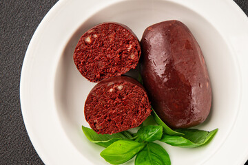 Black pudding blood sausage dish natural product tasty snack fresh delicious gourmet food background on the table rustic top view copy space